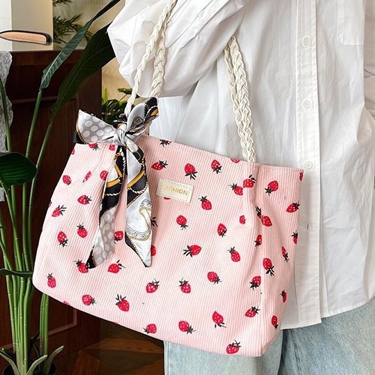 The new single-shoulder bag, tote bag, stylish printed floral corduroy hand-held women's bag, student shopping bag, bag for women details Picture