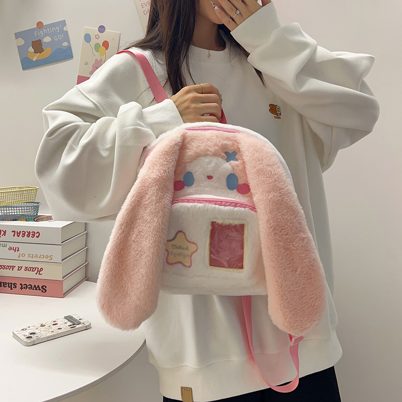 Cartoon long-eared rabbit plush backpack, large capacity, cute class backpack, personalized and girlish birthday gift backpack details Picture