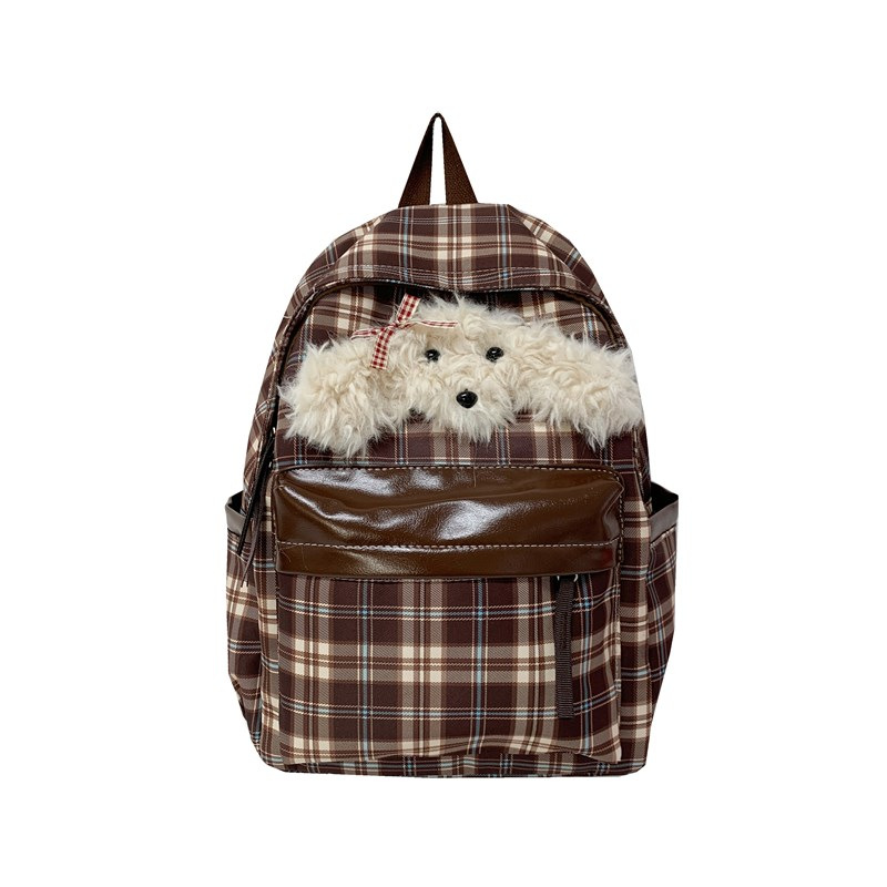 The 2025 new Japanese-style in cute dog checkered patchwork backpack is a fashionable and large-capacity versatile backpack for commuting Specification drawing