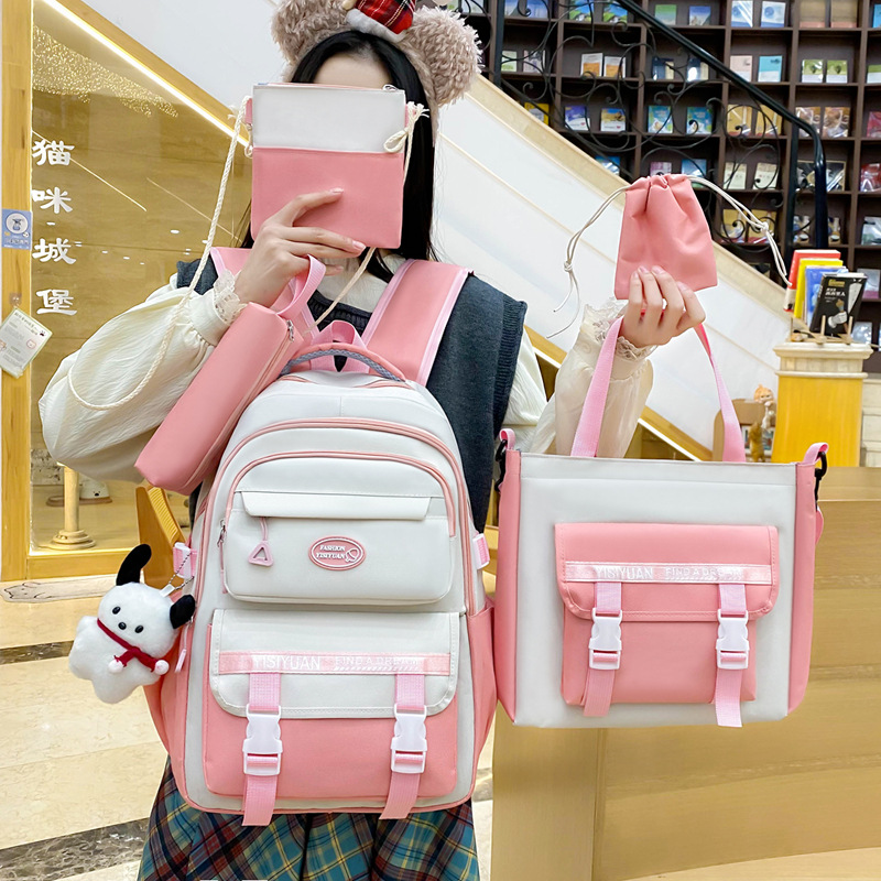 Cross-border supply five-piece schoolbag set, simple workwear for girls, large-capacity backpack for junior high school students, school-style casual backpack Application Scenario