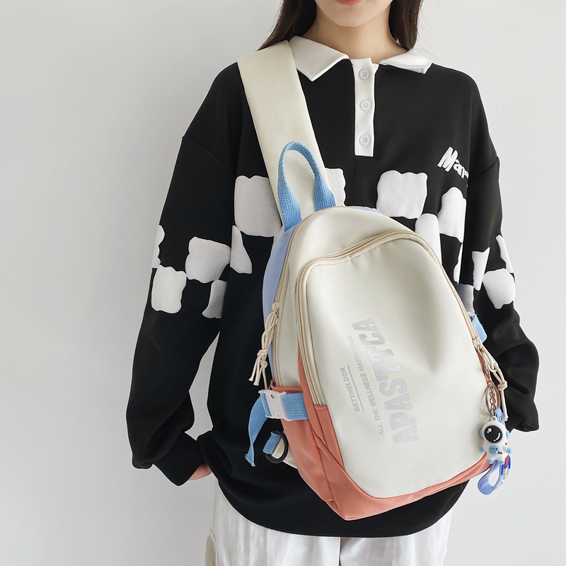 Japanese color-blocking crossbody bag for female students, sports chest bag for women, large-capacity casual trendy brand canvas single-shoulder backpack for men details Picture