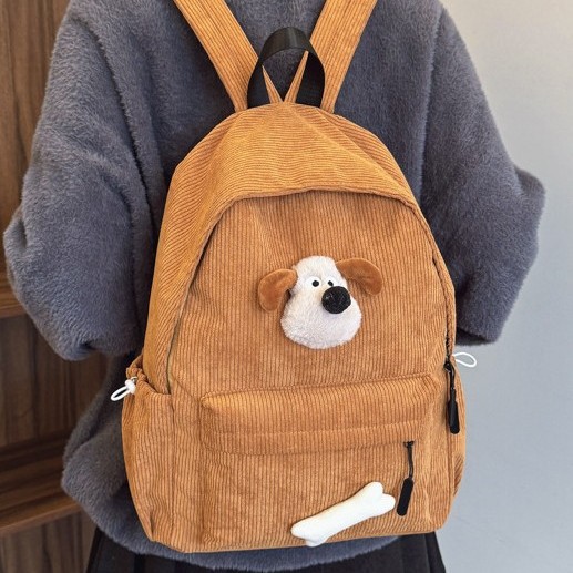 Korean style schoolbag, high appearance level backpack, female junior high school student's corduroy solid color bone dog simple large capacity backpack Specification drawing