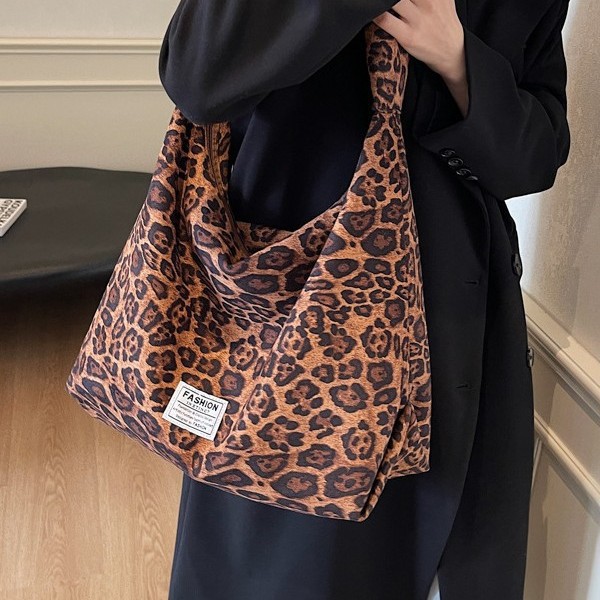 Cross-border autumn and winter retro large-capacity tote bag for women 2024 new style Versatile leopard print single-shoulder bag for commuting and school Specification drawing