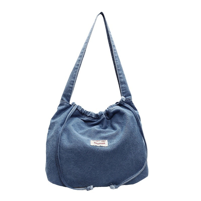 A simple and casual Korean-style student drawstring denim bag, a new spring style with a large capacity single-shoulder bag trend Item Picture