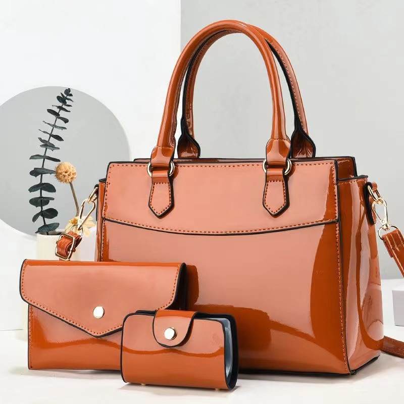 Shiny leather three-piece set 2023 new style fashionable, trendy and elegant middle-aged bag, mom's style bag, crossbody large capacity handbag Specification drawing