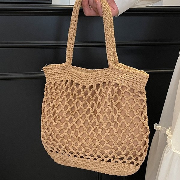 Korean-style ins hollowed-out woven bag, artistic and casual single-shoulder bag, large-capacity cotton thread bag, retro bucket bag, beach bag details Picture