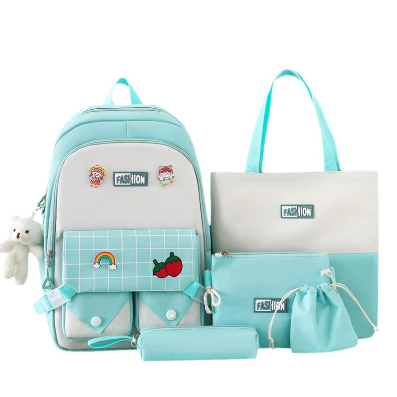 New cross-border schoolbag for girls, ins, large capacity versatile backpack for junior high school and senior high school, fashionable checkered five-piece set backpack Item Picture