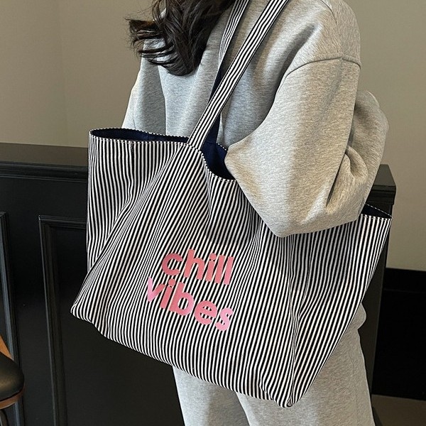 Summer colorful striped canvas bag for women, 2025 new double-sided single-shoulder tote bag, versatile letter tote bag details Picture
