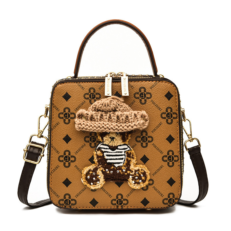 2022 New cartoon square bag, small square bag, street trend live streaming single-shoulder crossbody bag, Little bear decorated women's bag Item Picture