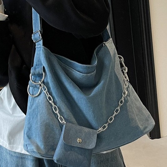 Washed denim, fresh and simple single-shoulder crossbody bag with cute little wallet, high-end autumn and winter crossbody bag design sense Specification drawing