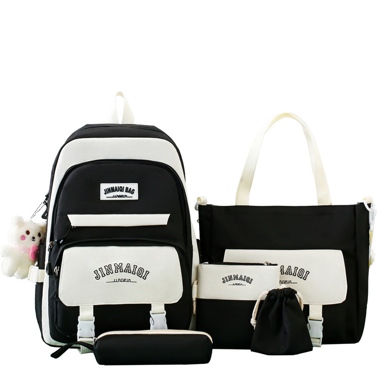 A five-piece Korean-style large-capacity schoolbag for girls in junior high school, a versatile casual backpack for protecting the spine, and a trendy backpack for girls with high appearance standards Item Picture