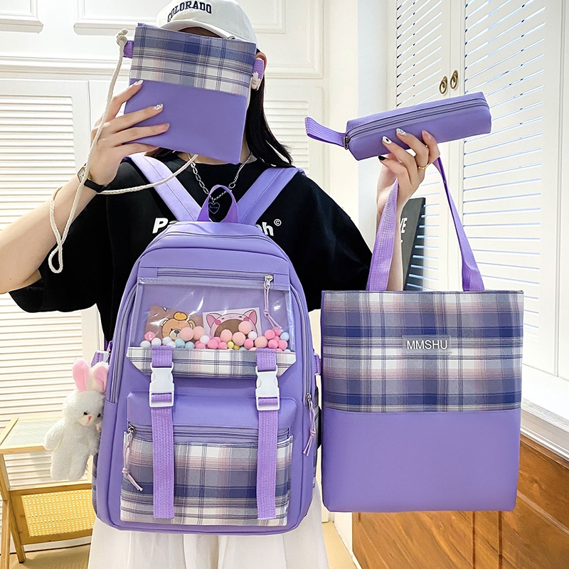 New checkered schoolbag for girls, a fresh and clean campus bag for primary school students, a large-capacity backpack for junior high school students, and a casual backpack details Picture