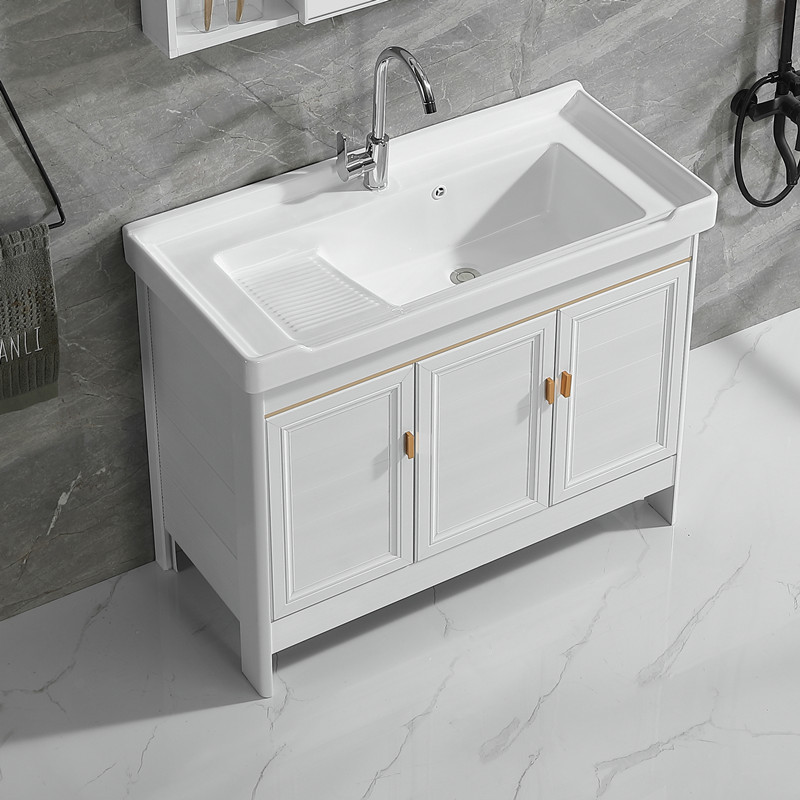 Bathroom balcony ceramic laundry basin with washboard water, space aluminum white floor-standing bathroom cabinet set combined washbasin details Picture