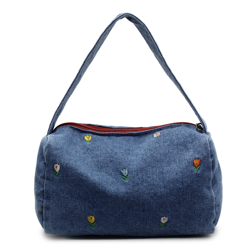 Spring niche canvas bags, embroidered handbags, denim bags, niche designs, fashionable large-capacity single-shoulder bags, and commuter bags Item Picture