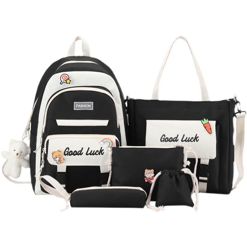 New casual campus backpack for junior and senior high school students, a large capacity five-piece backpack set in Harajuku's ins style Item Picture
