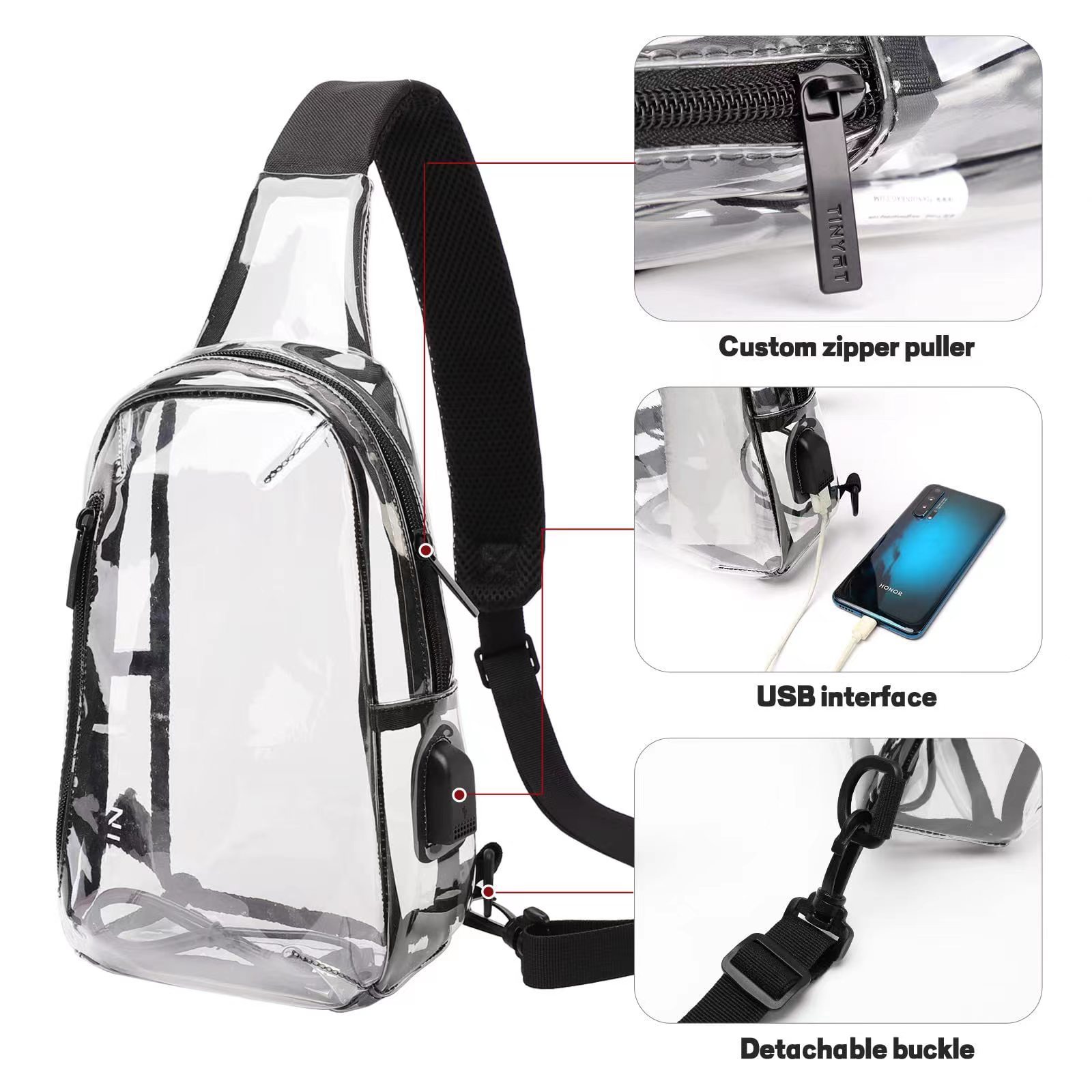 USB storage bag, PVC transparent chest bag, women and men's casual crossbody single-shoulder bag, fitness and sports bag, waterproof and versatile full figure