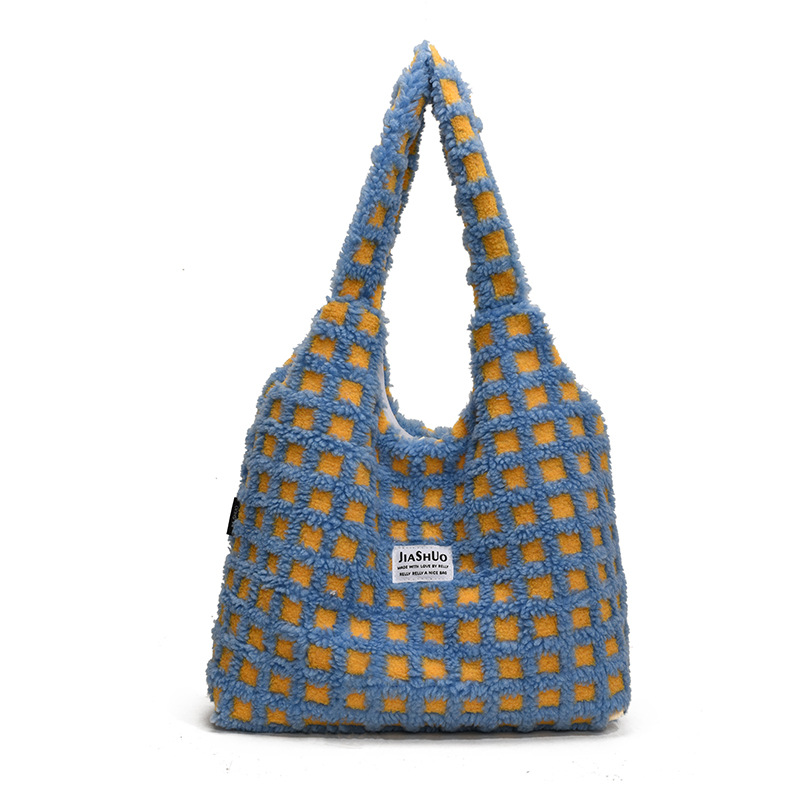 ins' niche cream-themed square grid thickened plush single-shoulder bag, large-capacity portable tote shopping bag, laid-back style Item Picture