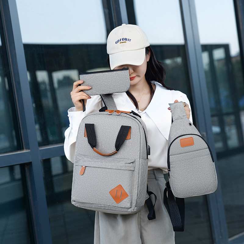 Fashionable and casual backpack for men, usb charging, computer bag, chest bag, wallet, three-piece set, student schoolbag details Picture