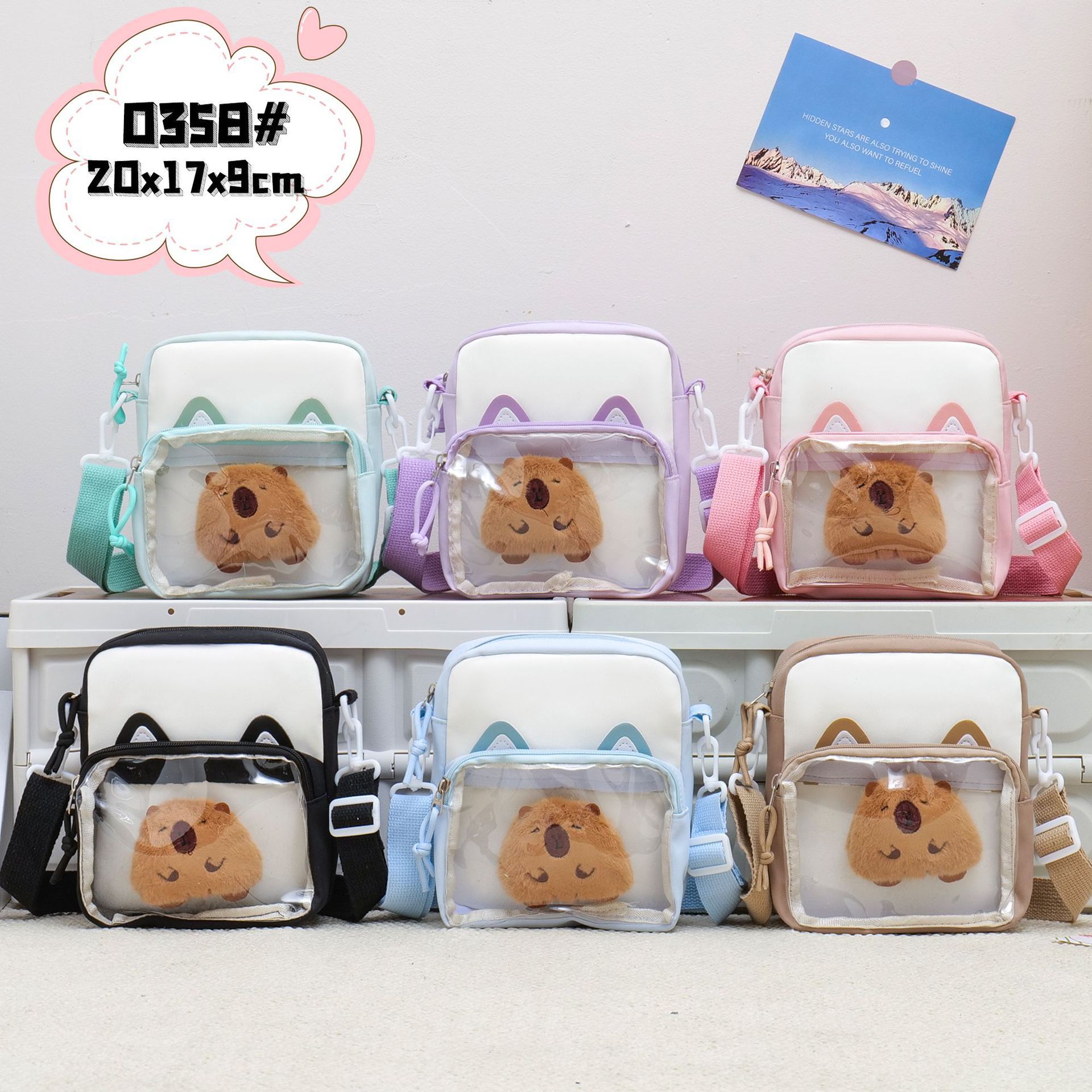 New children's single-shoulder bag with badge pain bag, cute cat-ear crossbody bag for girls, Harajuku style transparent smug bag full figure