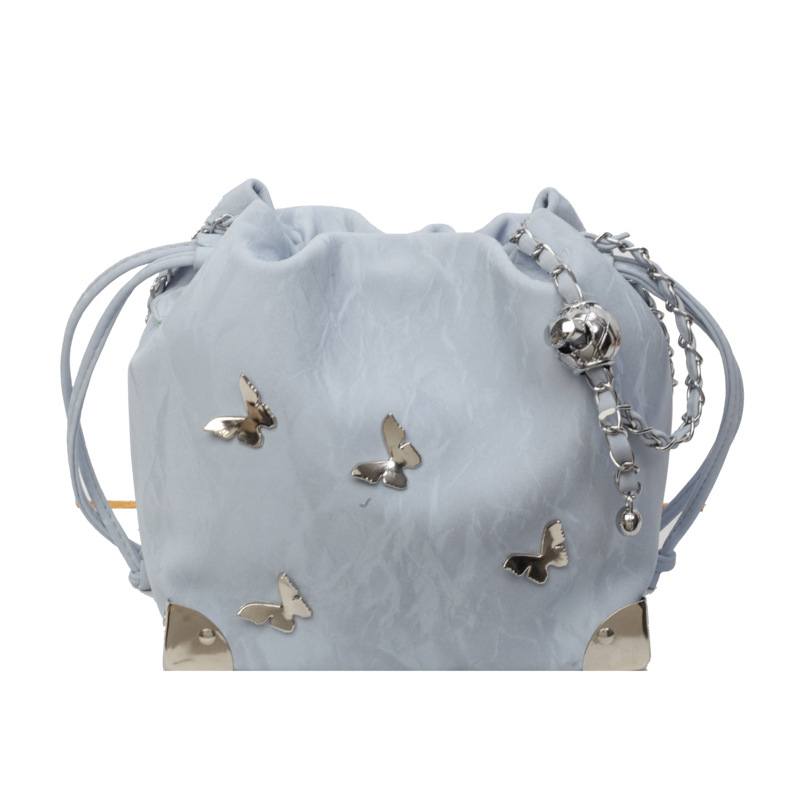 Fashionable pleated drawstring bucket bag for women, Korean style trendy butterfly single-shoulder bag, niche design, simple chain crossbody bag Item Picture