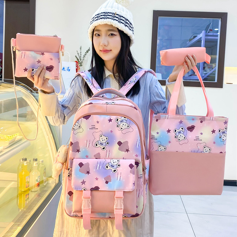 New cross-border cute girls' schoolbag, dreamy and colorful, versatile backpack set for primary and junior high school, four-piece cartoon backpack Specification drawing