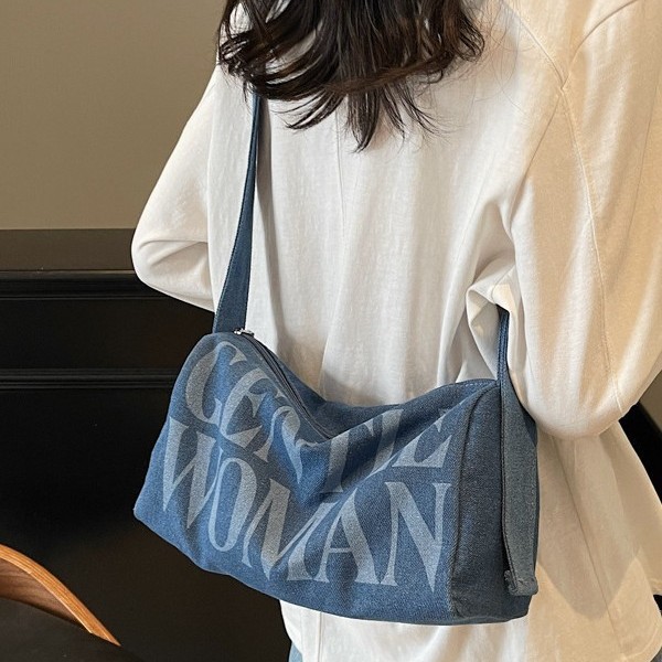 Letter denim bag for Women 2025, a new casual and fashionable style, versatile crossbody pillow bag, commuting bucket single-shoulder bag Specification drawing