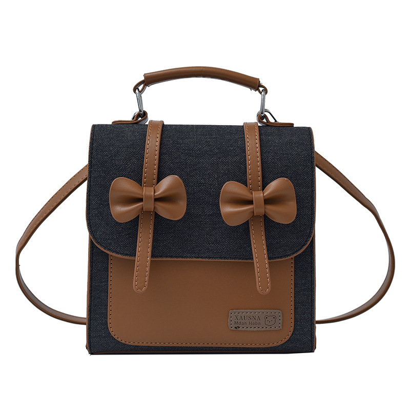 2025 New bow fashion school style backpack, multi-functional solid color retro small backpack, spliced single shoulder bag Item Picture