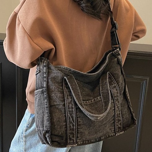 Spring 2025 new vintage denim bag, large-capacity cross-border women's single-shoulder hand-carry commuter bag, Tote ladies' bag details Picture