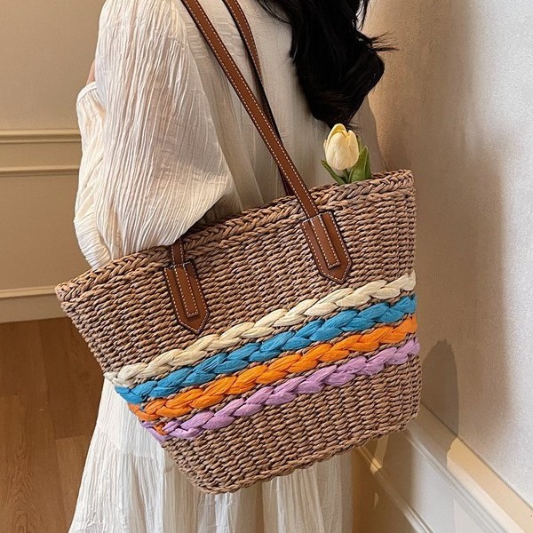 Color-blocking straw-woven bag for women, large capacity 2025 new style, fashionable single-shoulder underarm bag, beach commuting tote bag, cross-border Specification drawing