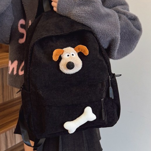 Korean style schoolbag, high appearance level backpack, female junior high school student's corduroy solid color bone dog simple large capacity backpack details Picture