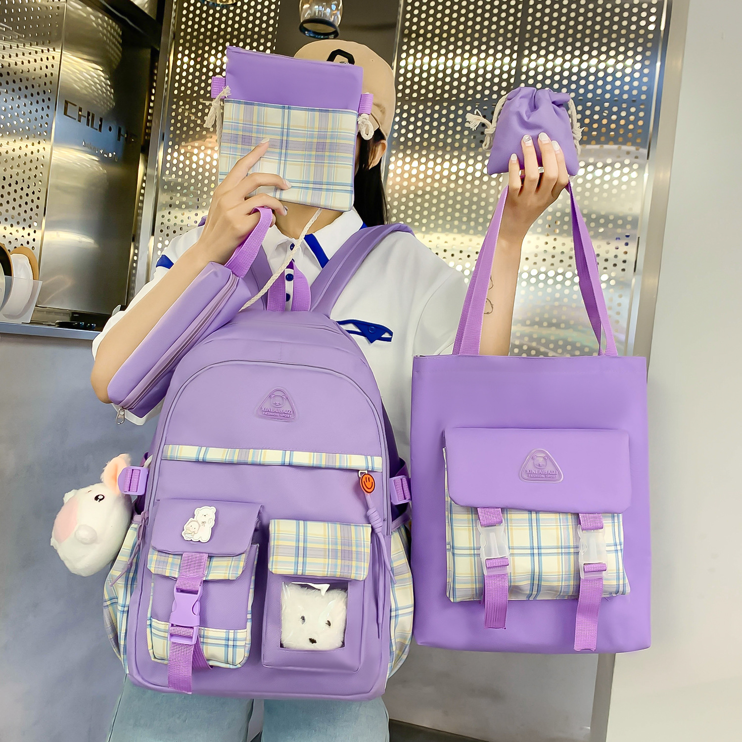 A five-piece schoolbag set with a girlish and fresh vibe for middle school students, a fashionable checked large-capacity backpack, and a handbag for girls' after-school tutoring Specification drawing