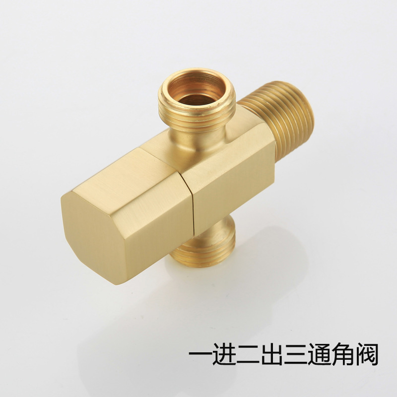 All-copper one-inlet and two-outlet titanium gold rose gold thickened Angle valve, universal cold and hot water stop valve, copper Angle valve faucet Specification drawing