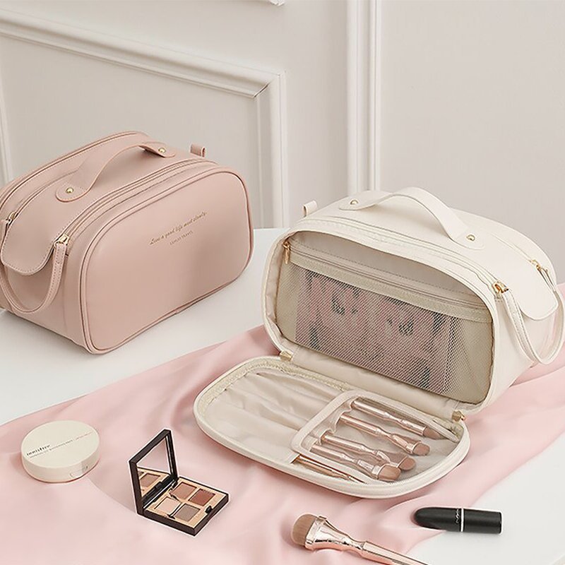 2024 new portable makeup bag, toiletry bag, travel brush, storage box, and skin care products are distributed by sections Specification drawing