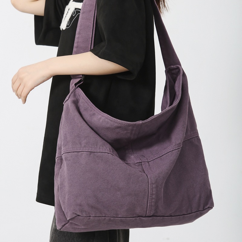 Washed canvas bag for women, 2023 new style Japanese simple single-shoulder bag, large capacity casual crossbody bag, solid color tote bag details Picture