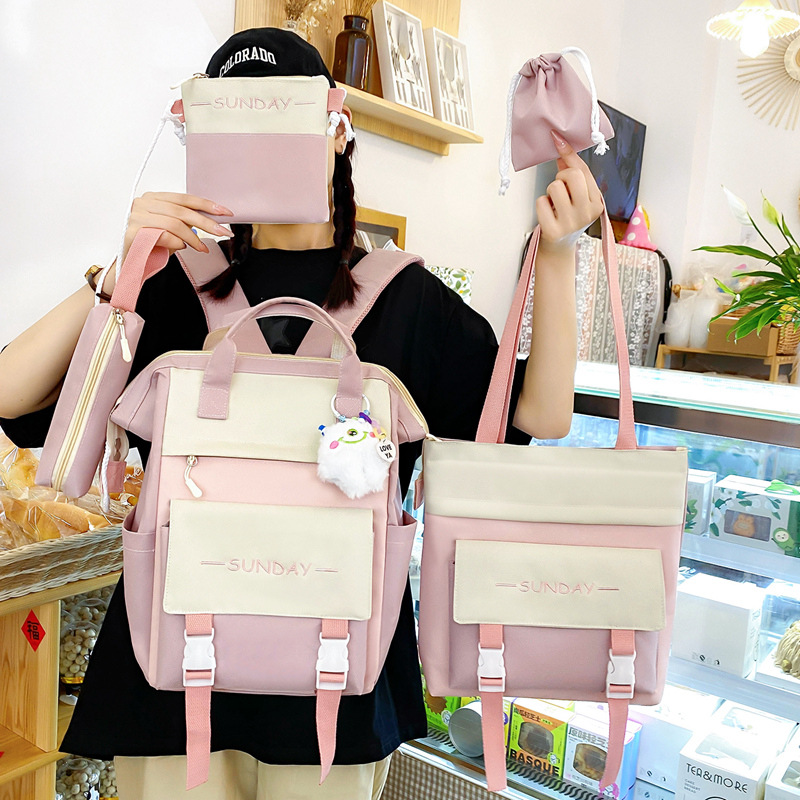Five-piece schoolbag set for girls, Japanese-style ins fresh and clean, Korean-style mommy bag, primary school backpack, junior high school student backpack Specification drawing