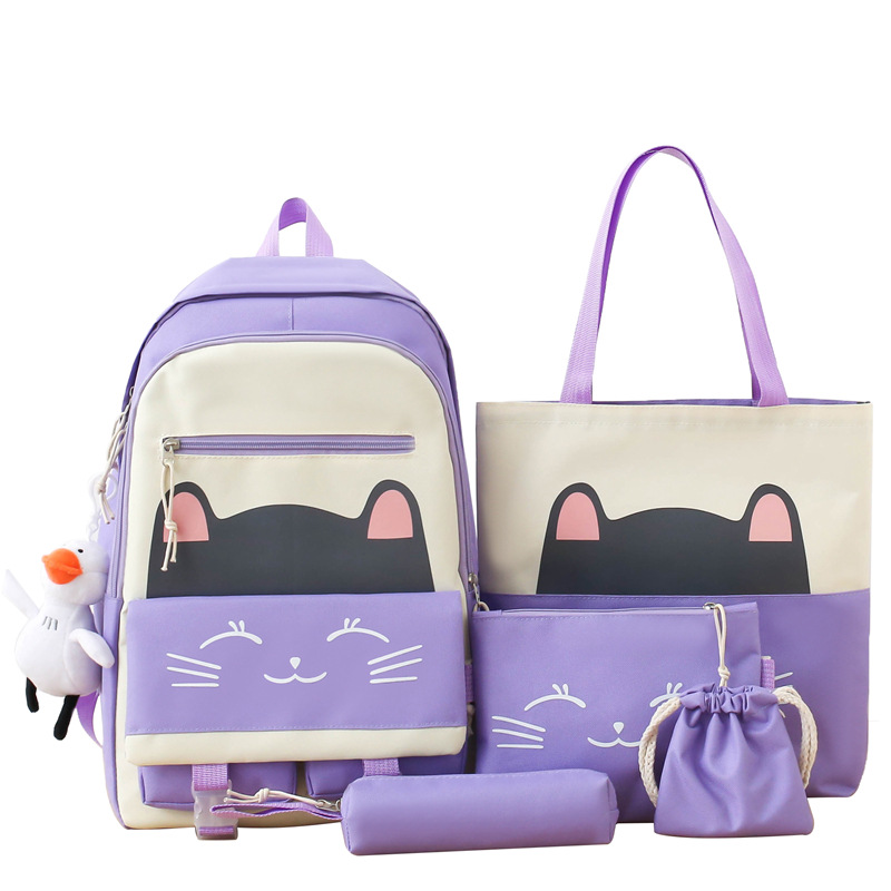 Five-piece set of schoolbag for primary school students, cute cartoon cat backpack for girls, lightweight and large-capacity casual backpack for junior high school students Item Picture