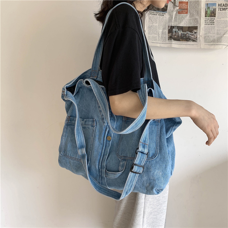 Harajuku workwear washed denim bag for women 2024 New Korean style Instagram girl crossbody bag with large capacity single-shoulder bag full figure