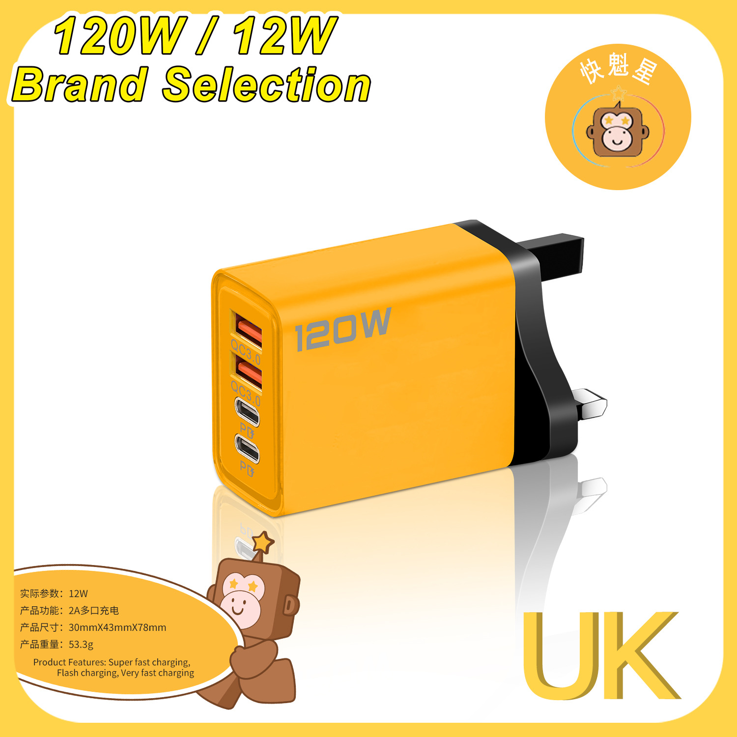 The 120W dual PD+ dual USB cross-border charger is suitable for Apple, Huawei and Xiaomi mobile phones, as well as European, American and British standard type-c Specification drawing