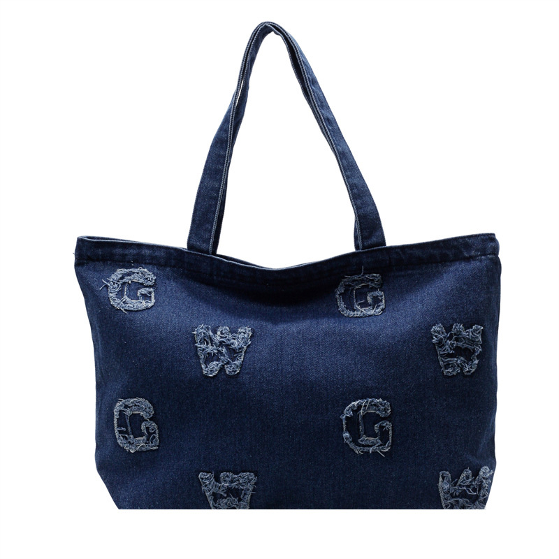 Artistic and retro denim bag 2025 new model, large capacity single-shoulder canvas bag, hand-held letter patchwork bag, ins style bag Item Picture