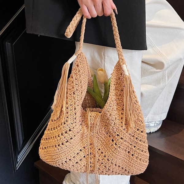 Summer hollowed-out single-shoulder bag, large-capacity commuting cotton rope woven bag, vacation and casual seaside bag, ladies' casual bag details Picture