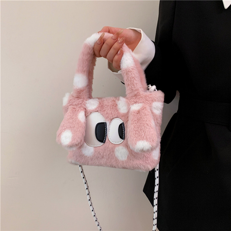 Plush polka dot mini bag for women, new autumn/Winter 2024 collection, hand-held bucket bag, cartoon fur, fashionable and versatile crossbody bag details Picture