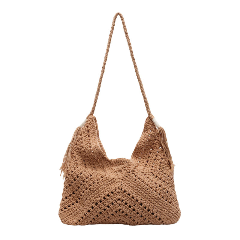 Summer hollowed-out single-shoulder bag, large-capacity commuting cotton rope woven bag, vacation and casual seaside bag, ladies' casual bag Item Picture