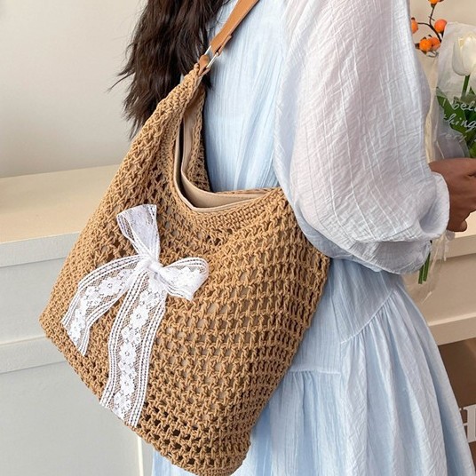 Fashionable and simple seaside vacation beach style women's single-shoulder bag, large-capacity fashionable hand-held shoulder bag, solid-color woven bag details Picture