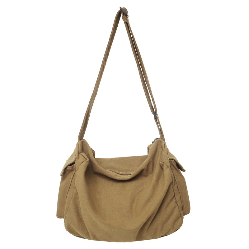 Canvas bag, women's large-capacity retro casual messenger bag, college student class bag, solid-color simple travel single-shoulder bag Item Picture