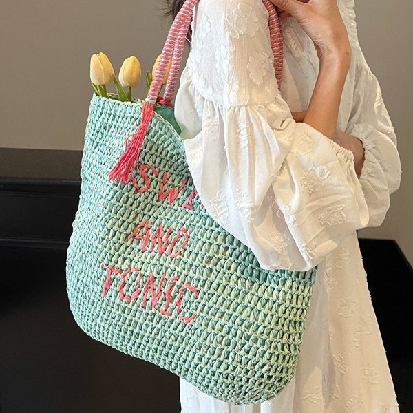 Summer new style straw-woven hand-held women's bag 2025 Korean version fresh large-capacity vegetable basket single-shoulder crossbody bag Specification drawing