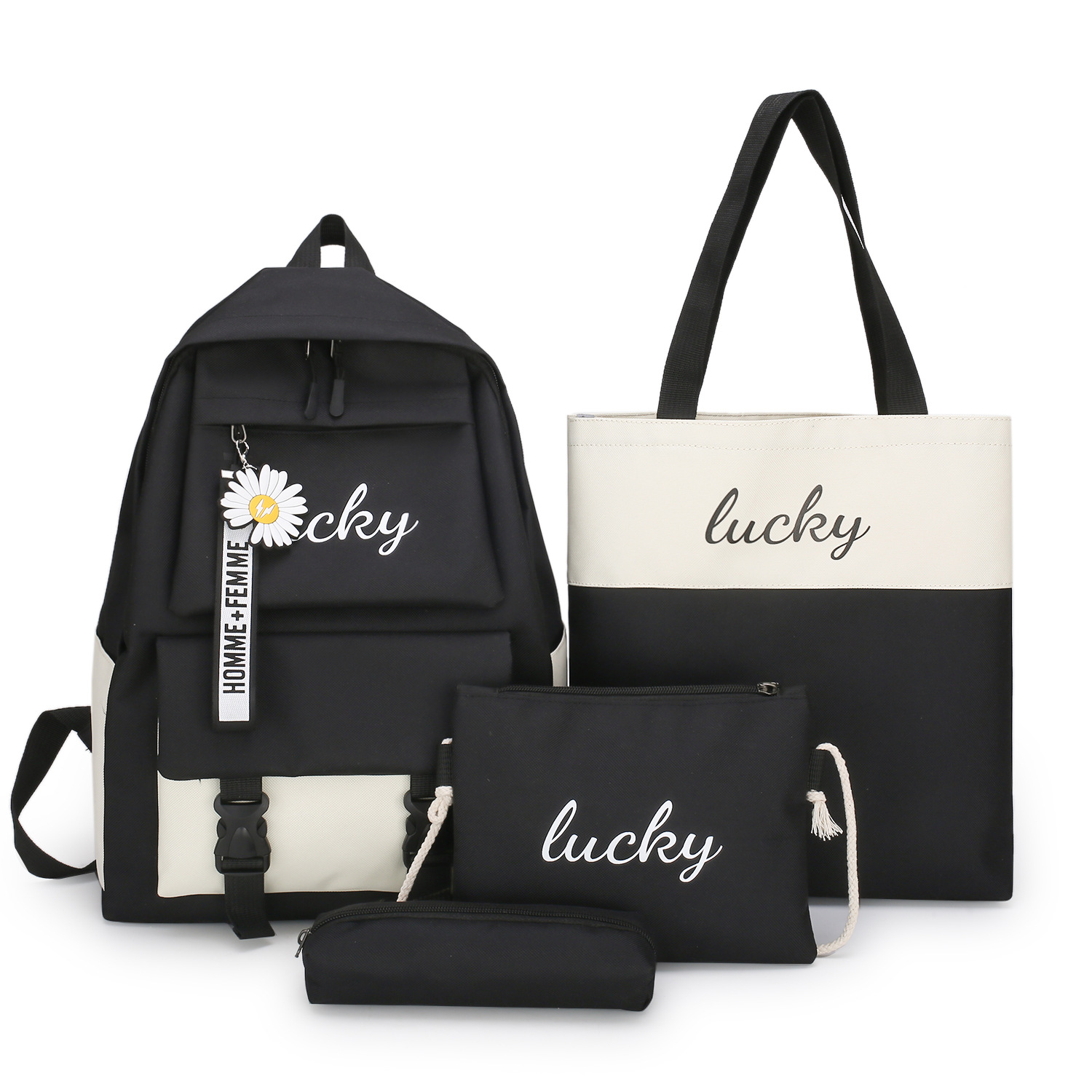 Wholesale of four-piece sets for junior and senior high school students, including new Korean version backpacks for girls with contrasting letters and colors Item Picture