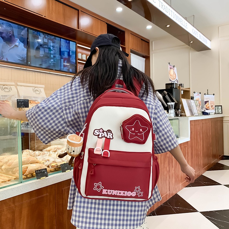 Color-blocking large-capacity schoolbag for junior high school students, Japanese-style backpack for high school students, cute and fresh, forest-style backpack for girls Specification drawing