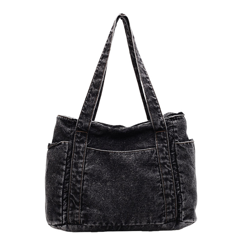 Korean-style denim bag, women's large-capacity, artistic, lightweight tote bag, student class bag, casual commuting single-shoulder bag Item Picture
