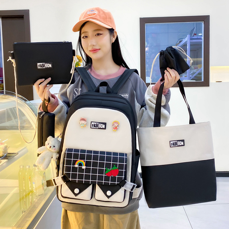 New cross-border schoolbag for girls, ins, large capacity versatile backpack for junior high school and senior high school, fashionable checkered five-piece set backpack full figure