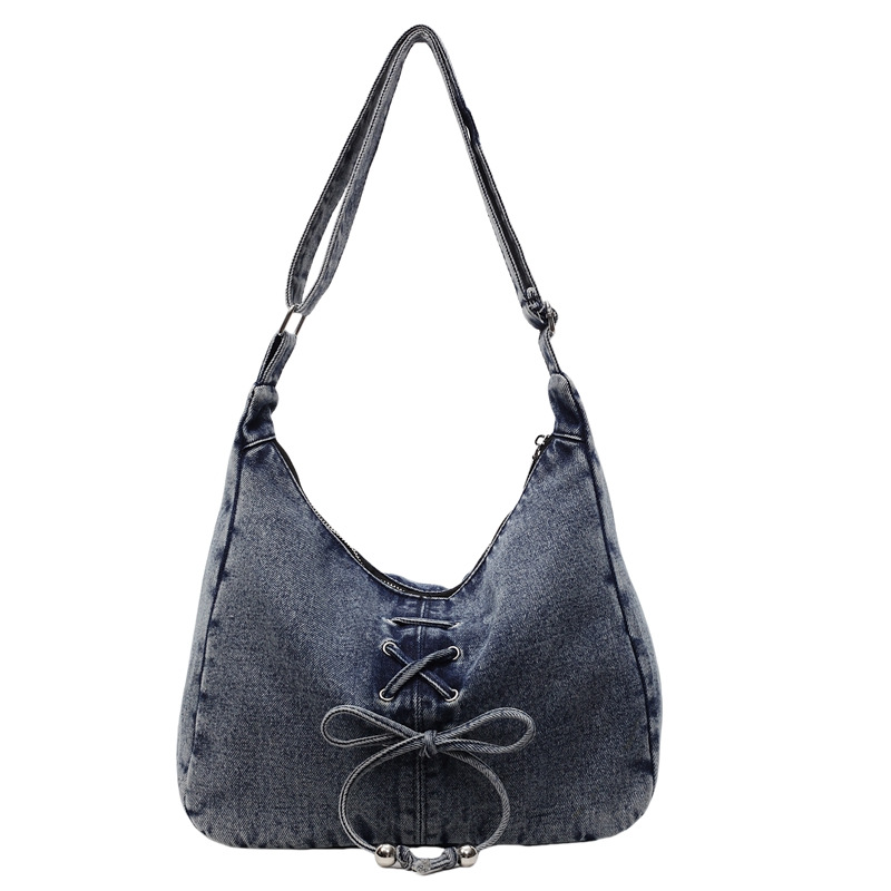 2025 Retro denim crossbody bag, artistic commuting single-shoulder bag, Korean-style laid-back casual bow crossbody bag Item Picture